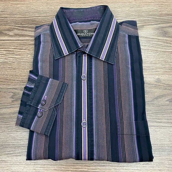 Bugatchi Black, Purple & Gold Stripe Shirt L - Picture 1 of 4
